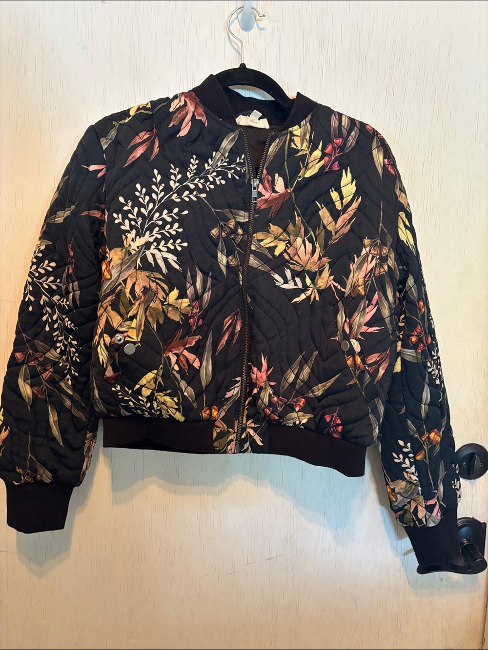 Elan Black Quilted Floral Bomber Jacket
